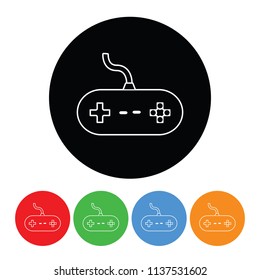 Video game controller icon in a modern thin line outline style vector circle retro video games sign or symbol with four color variations