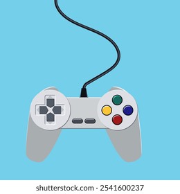 Ícone do controlador do jogo de vídeo. vintage gamepad cinza com fios. ilustração vetorial em design plano com sombra longa no fundo azul