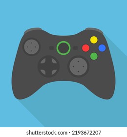 Video game controller icon, wireless grey gamepad. vector illustration in flat design with long shadow on blue background.