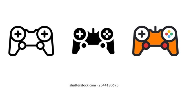 Symbole für Videospielcontroller. Joystick-Symbolsatz. Gamepad, Konsolensymbol mit Linie, stetig und Farbe. Transparentes PNG und Vektorgrafik.