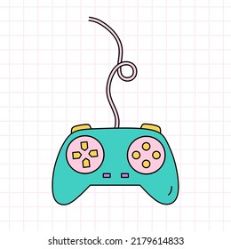 Video game controller, joystick gamepad in bright colors.
Vector hand-drawn doodle illustration isolated on checkered background. Perfect for cards, decorations, logo, various designs. 90s retro style