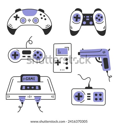 Video game controller and joysticks doodle set. Hand drawn collection of hand drawn vintage and retro console with wire and buttons. Vector illustration in sketch cartoon style. Colorful black line