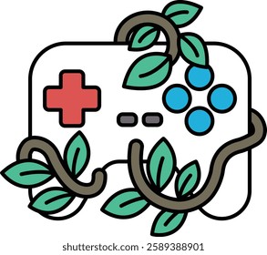 A video game controller with a leafy design. The controller is white and red with a blue and blue button