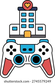A video game controller is on top of a building. The controller is black and white. The building is tall and has a heart on it