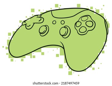 Video game controller in outlines with its joysticks, buttons and D-pad over green color like pixels.