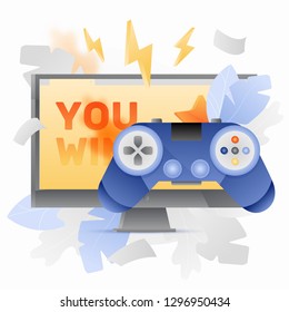 Video Game Controller Over Computer Monitor With YOU WIN Words On It. Vector Video Game Concept.