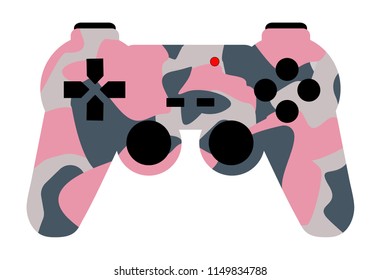 Video game controller with pink military colors isolated. Gamepad with red light, buttons and joysticks. Icon or logo with gaming concept. Gamer.