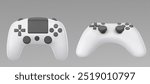 Video game controller set isolated on transparent background. Vector realistic illustration of white 3D joystick with black buttons top and side view, electronic equipment for vr gaming hobby, joypad