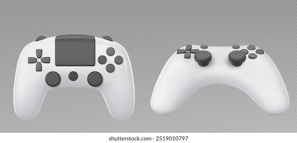 Video game controller set isolated on transparent background. Vector realistic illustration of white 3D joystick with black buttons top and side view, electronic equipment for vr gaming hobby, joypad