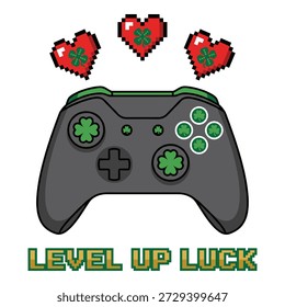 Controlador de videogame, trevos, corações de pixel, jogos, nível acima, símbolo de sorte.