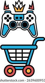 A video game controller and a shopping cart are shown together. The controller is blue and white, and the shopping cart is blue and red. Concept of fun and leisure