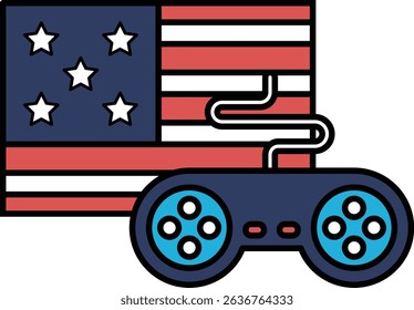 A video game controller is shown next to an American flag. The controller is blue and white, and the flag is red, white, and blue. Concept of patriotism and fun