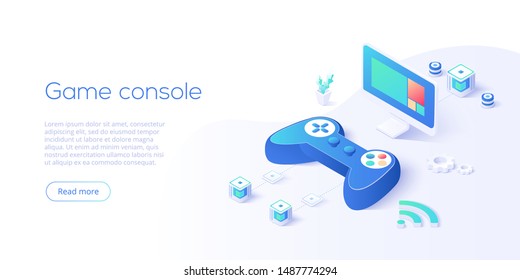 Video game controller and smart tv in isometric vector illustration. Television set with videogame console joystick connected via wi-fi internet. Web banner layout template for website or social media