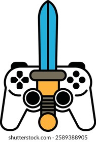 A video game controller with a sword on top of it. The controller is white and the sword is blue