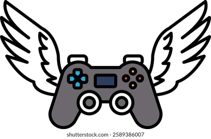 A video game controller with wings on it. The controller is a Nintendo Wii controller. The controller is white and gray