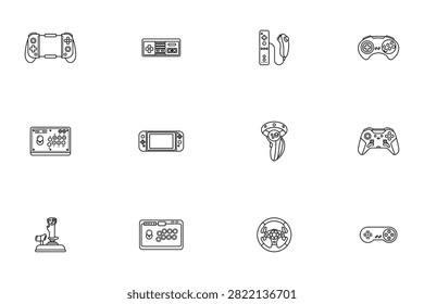 Video game controllers and gaming peripherals line icons set including gamepad, joystick, arcade stick, and racing wheel