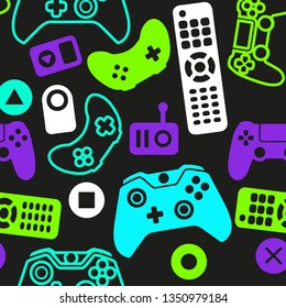 video game controllers seamless pattern - ufo green and neons on the black