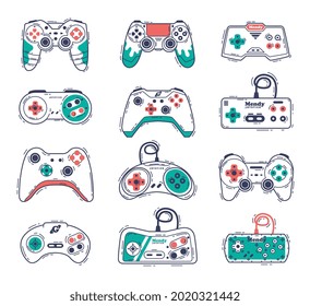 Video Game Controllers Set, Gamepad Consoles, Video Gamer Gadgets Hand Drawn Vector Illustration