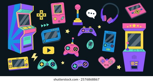 Video game controls. Retro joystick icon. Arcade controller stick. Handheld vintage computer. Cute play buttons on gadget keyboard. Nostalgia gaming elements set. Vector technology tidy illustration