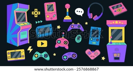 Video game controls. Retro joystick icon. Arcade controller stick. Handheld vintage computer. Cute play buttons on gadget keyboard. Nostalgia gaming elements set. Vector technology tidy illustration