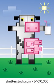 Video Game Cow Drinking Milk Cartoon Character