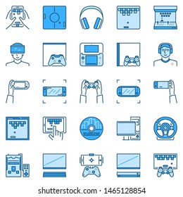 Video game creative icons set - computer, game console, gamepads concept symbols collection