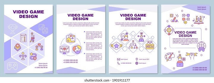 Video game design brochure template. Developing gameplay and storyline. Flyer, booklet, leaflet print, cover design with linear icons. Vector layouts for magazines, annual reports, advertising posters