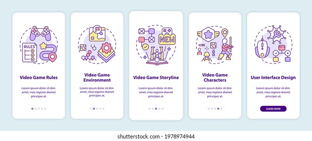 Video game design components onboarding mobile app page screen with concepts. Video game rules walkthrough 5 steps graphic instructions. UI vector template with RGB color illustrations