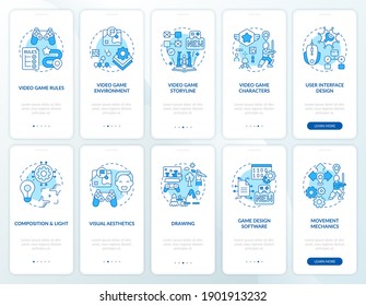 Video game design onboarding mobile app page screen with concepts set. Video game creation walkthrough 10 steps graphic instructions. UI vector template with RGB color illustrations