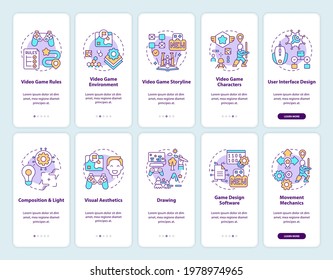 Video game design onboarding mobile app page screen with concepts set. Video game environment walkthrough 10 steps graphic instructions. UI vector template with RGB color illustrations