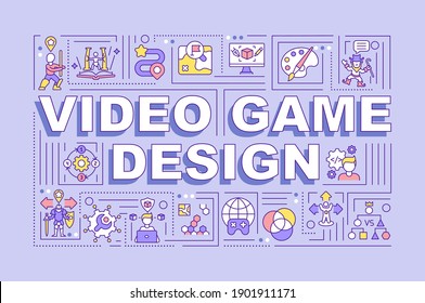 Video game design word concepts banner. Gameplay concept making. Videogames development. Infographics with linear icons on violet background. Isolated typography. Vector outline RGB color illustration