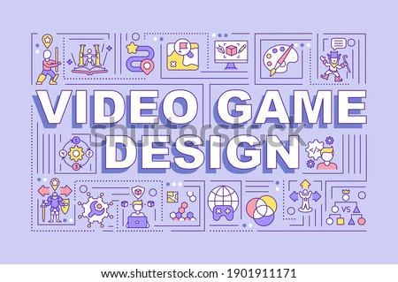 Video game design word concepts banner. Gameplay concept making. Videogames development. Infographics with linear icons on violet background. Isolated typography. Vector outline RGB color illustration