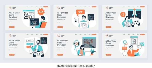Videospiel-Entwickler-Konzept der Landing Page mit Slide-Vorlagen in flachem Design. Website-Header mit Menschen schreiben Code für Computerspiele, Testen Schnittstelle mit Joystick. Vektorgrafiken.