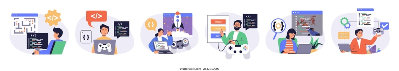 Video game developer concept set with characters in flat design for web. People write code for different computer games, programming at screens, testing interface with joystick. Vector illustrations.