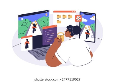 Video game developer designing characters and animations. Designer, creator works at computer, coding and developing digital entertainment. Flat vector illustration isolated on white background