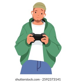 Video game developer geek freelancer character playing gamepad holding console in hands engaged in testing process providing quality assurance service vector illustration isolated on white background