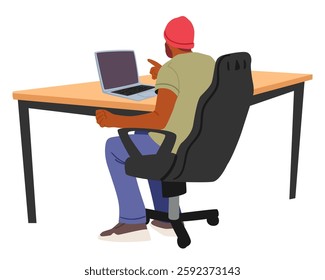Video game developer sitting front of laptop computer at desk table isolated on white. Man creative artist holding conference with team to search concept for future application vector illustration