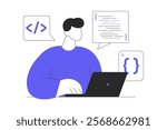 Video game developer web concept. Working with code for computer game, programming at screen and testing. Flat Cartoon Vector Illustration, icon. Stylish abstract