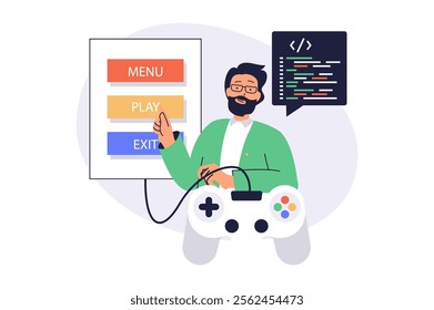 Video game developer web concept with flat cartoon people for website design. Man programming and coding at game project, creating navigation buttons with menu, play and exit. Vector illustration.