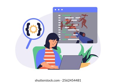 Video game developer web concept with flat cartoon people for website design. Woman programming and coding at new shooter project, creating virtual game play process at laptop. Vector illustration.