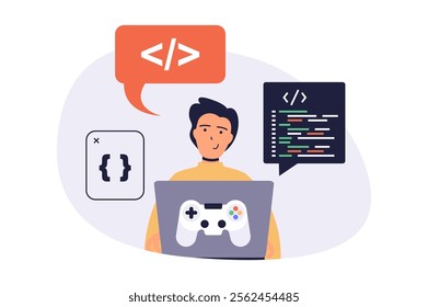 Video game developer web concept with flat cartoon people for website design. Man working with code for computer game, programming at screen and testing with joystick console. Vector illustration.