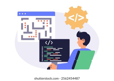 Video game developer web concept with flat cartoon people for website design. Man creating and writing code for simple computer game, programming at screen, testing interface. Vector illustration.