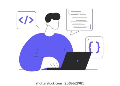 Video game developer web concept. Working with code for computer game, programming at screen and testing. Flat Cartoon Vector Illustration, icon. Stylish abstract
