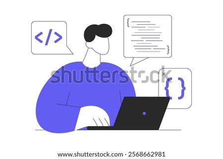 Video game developer web concept. Working with code for computer game, programming at screen and testing. Flat Cartoon Vector Illustration, icon. Stylish abstract
