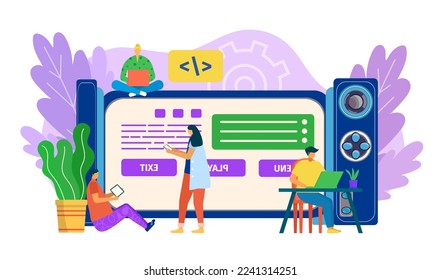 Video game developer, work at mobile app interface technology vector illustration. Man woman people charcater design application at flat device