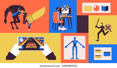 Video game development bento grid illustration set. Gamedev at computer modeling 2D vector image collage design graphics collection. Gamer playing videogames flat characters moodboard layout