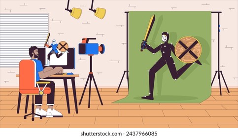 Video game development cartoon flat illustration. Web designer with actress in mo-cap suit 2D line characters colorful background. Personage creating process scene vector storytelling image