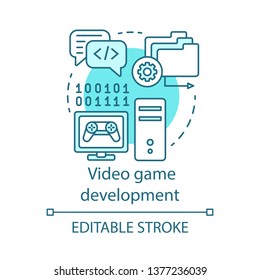 Video game development concept icon. Entertainment program installation. Gaming software programming, tuning, testing idea thin line illustration. Vector isolated outline drawing. Editable stroke