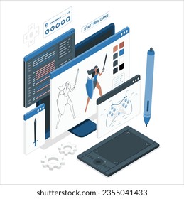 Desarrollo de videojuegos. Desarrolladores De Personas Creativas En Proceso De Crear Y Desarrollar Un Diseño De Videojuegos De Computadora. Tecnología digital, programación y ropa de cama. Isometric 3d Vector Illustration. 2381
