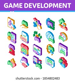 Video Game Development Icons Set Vector. Isometric Game Development, Coding And Design, Developing Phone App And Web Site Illustrations